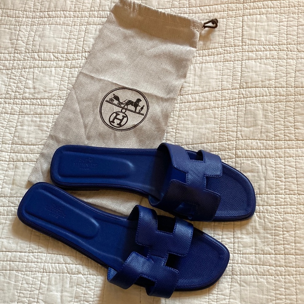 Hermès Style H Royal Blue Leather Slide Sandals size 42